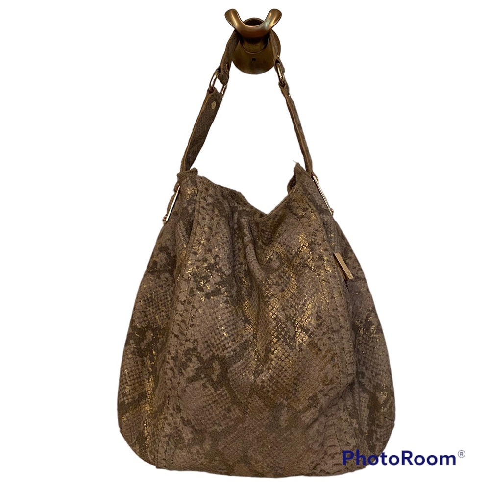 POUR LA VICTOIRE BAG HOBO GRAY TEXTURED SKIN LOOK LEATHER GOLD SNAP CLOSE TOP
